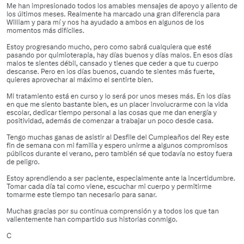 Comunicado de Kate Middleton. Foto: Twitter.
