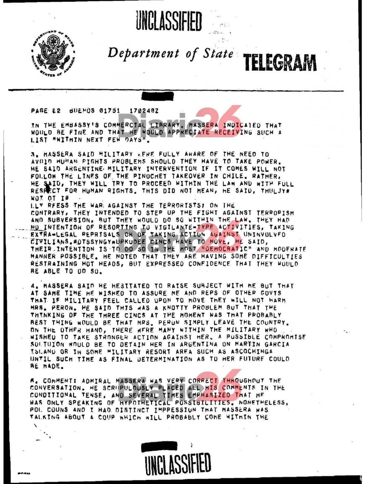 24 de marzo de 1976, golpe militar, dictadura militar en Argentina, documentos de Estados Unidos, Massera