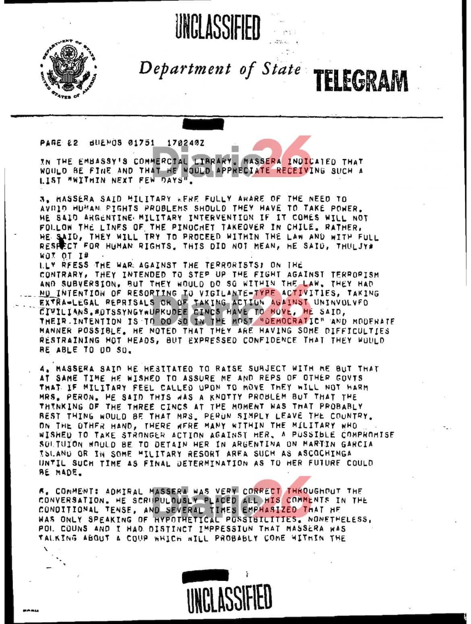 24 de marzo de 1976, golpe militar, dictadura militar en Argentina, documentos de Estados Unidos, Massera