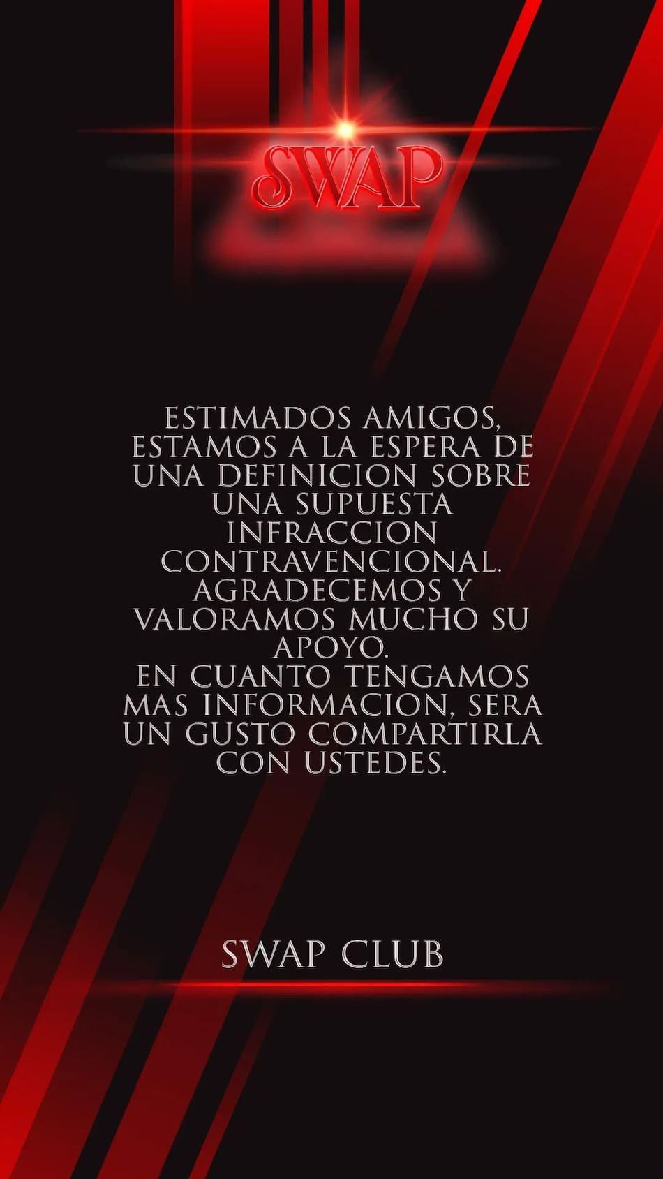 El mensaje de Swap tras la clausura del establecimiento. Foto: Instagram @swapclubbsas.
