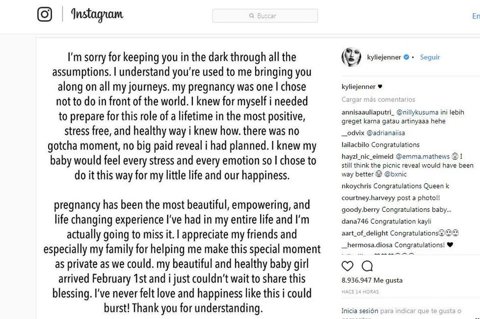 Kylie Jenner - Maternidad - Mensaje en Instagram