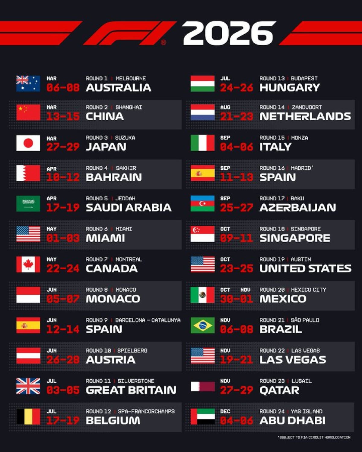 El calendario del 2026 para la Fórmula 1. Foto: x F1.