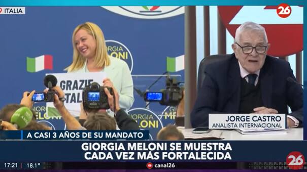 Jorge Castro en Canal 26: a tres años de su mandato, el balance del liderazgo de Giorgia Meloni en Italia