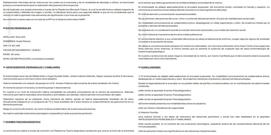 Informe psicológico de Guido Süller. Foto: NA.