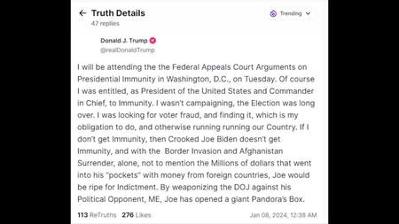 Posteo de Trump en Truth Social. Foto: Reuters.