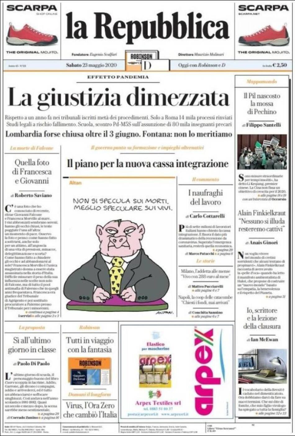 Tapas de diarios, La repubblica, sábado 23 de mayo de 2020