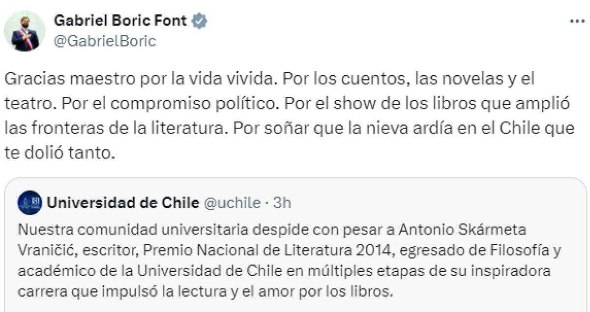 El mensaje de Gabriel Boric tras la muerte de Antonio Skármeta. Foto: Captura X.