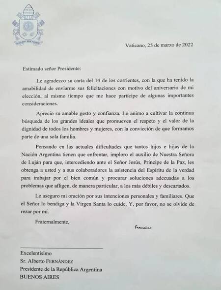 Carta del Papa Francisco a Alberto Fernández