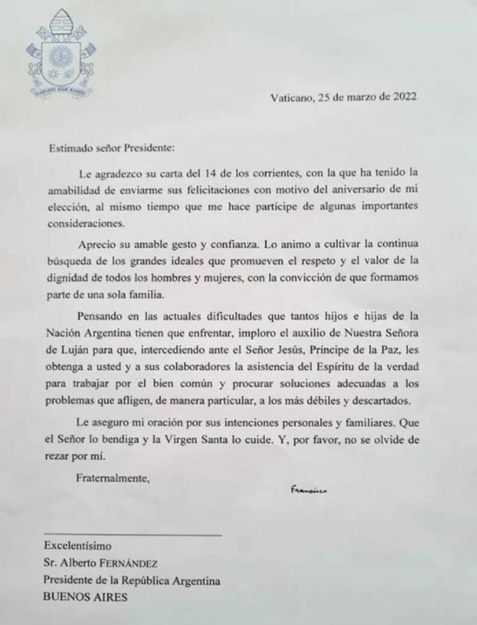 Carta del Papa Francisco a Alberto Fernández