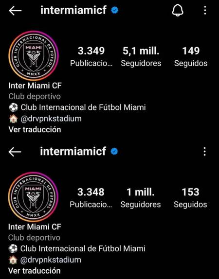 Crecimiento de seguidores del Inter Miami en Instagram tras el anuncio de Messi. Foto: NA.