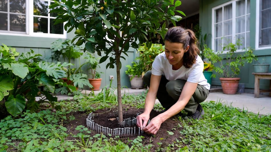 Clavos oxidados en la tierra del limonero.
