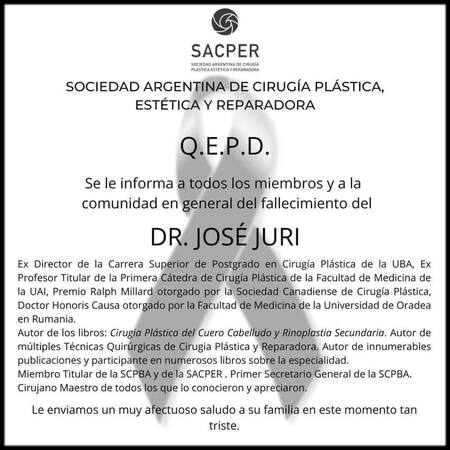 Muerte de José Juri, Sociedad Argentina de Cirugía Plástica, Estética y Reparadaora, anuncio