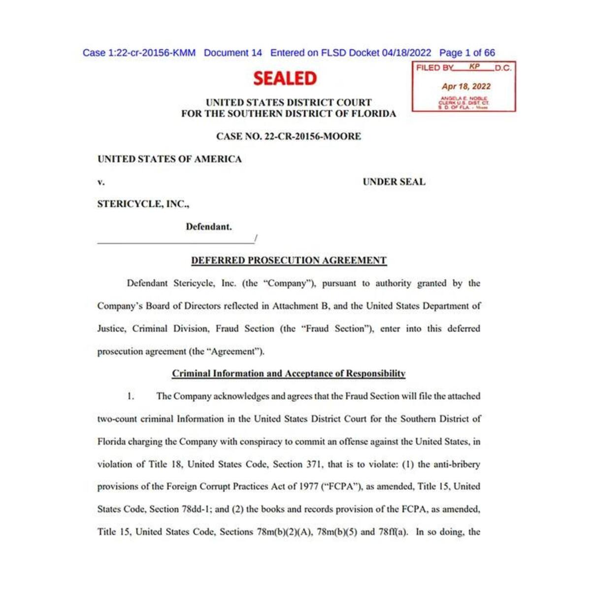 Documentos oficiales que investigan la operación de Stericycle