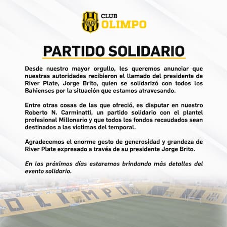 La información sobre el partido solidario entre River y Olimpo de Bahía Blanca. Foto: X @Olimpo_Oficial