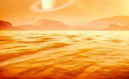 Representación artística de Kraken Mare, el gran mar de metano líquido en la luna Titán de Saturno. (NASA)