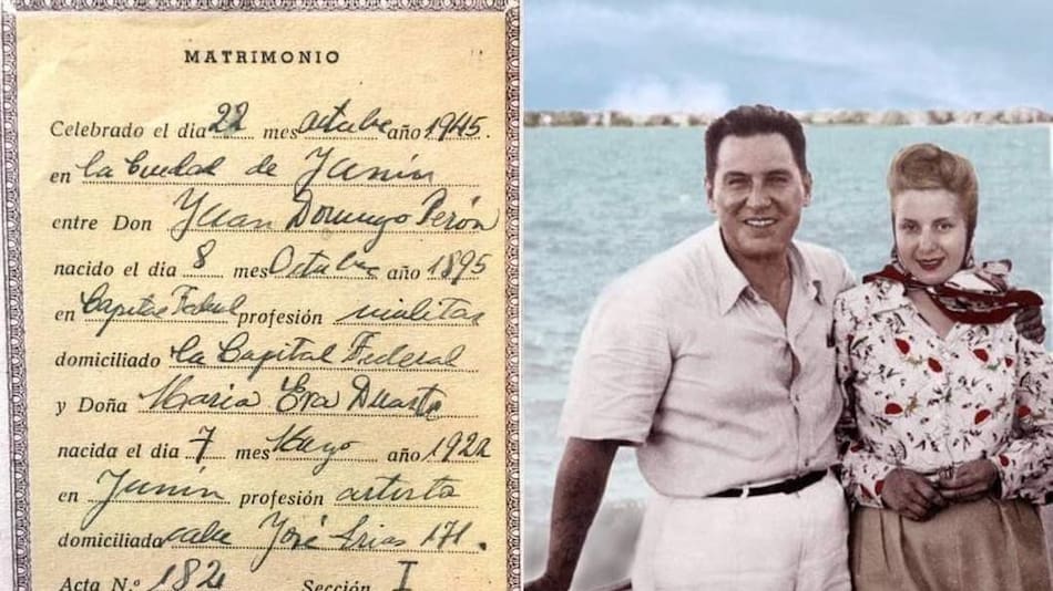 Juan Domingo Perón y Eva Duarte de Perón, Evita, acta de matrimonio