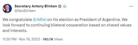 Tuit de Antony Blinken. Foto: captura.