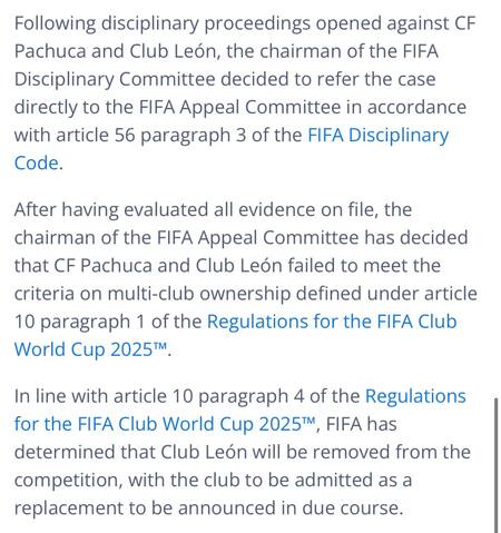 Comunicado de FIFA por la exclusión del Club León del Mundial de Clubes.