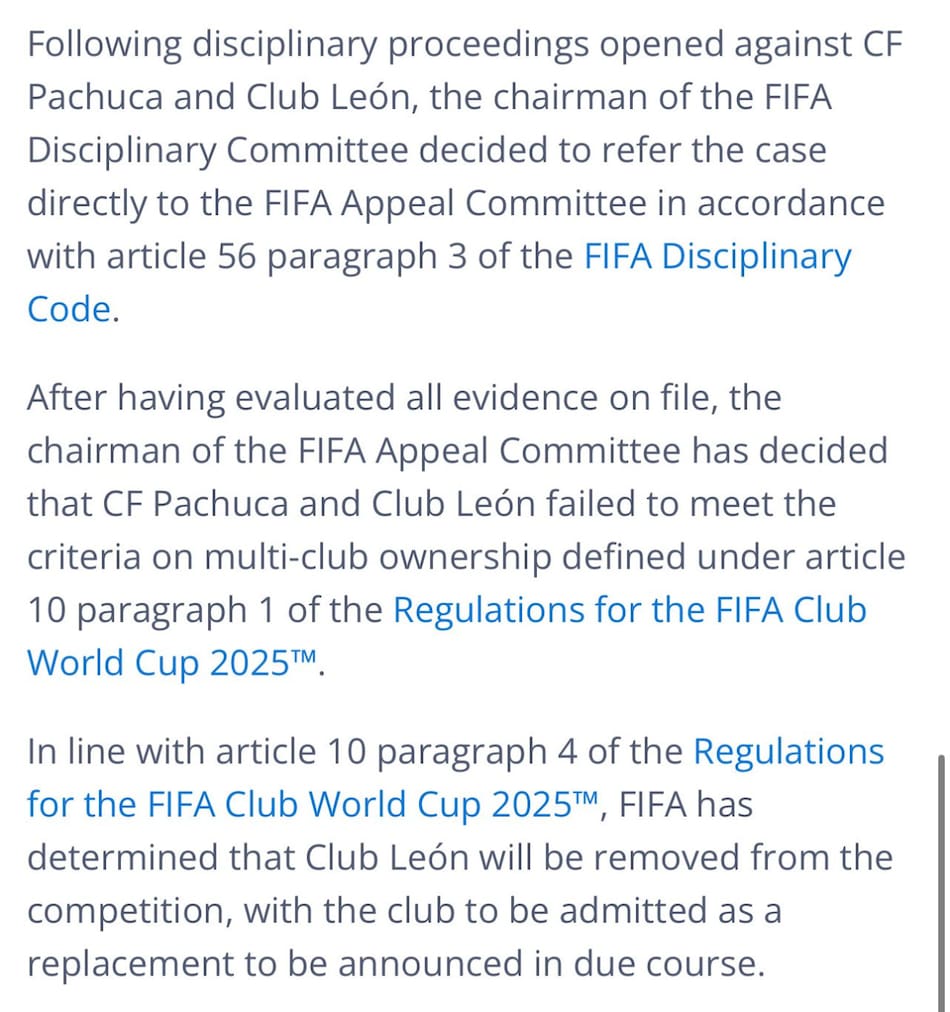 Comunicado de FIFA por la exclusión del Club León del Mundial de Clubes.
