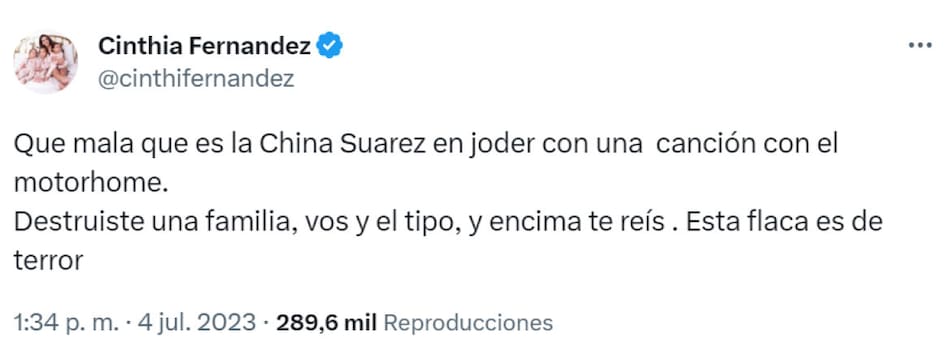 La reacción de Cinthia Fernández. Foto: Twitter.