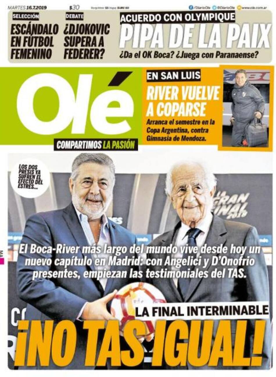 Tapas de diarios - Ole martes 16-07-19
