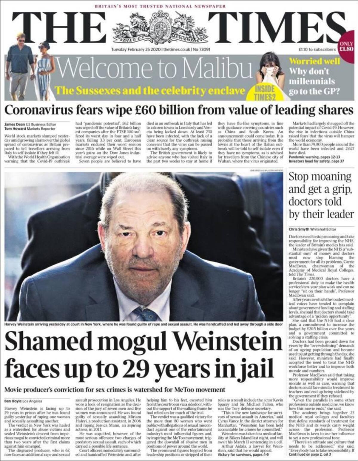 Tapa diarios, Times, martes 25 de febrero de 2020|