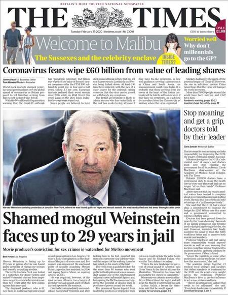 Tapa diarios, Times, martes 25 de febrero de 2020|