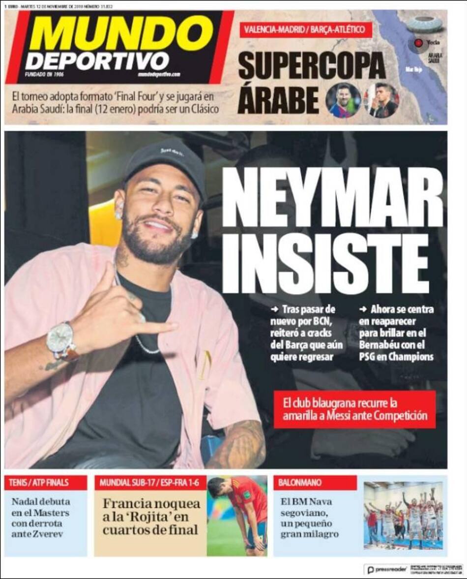Tapas de diarios, Mundo Deportivo de España, martes 12-11-19