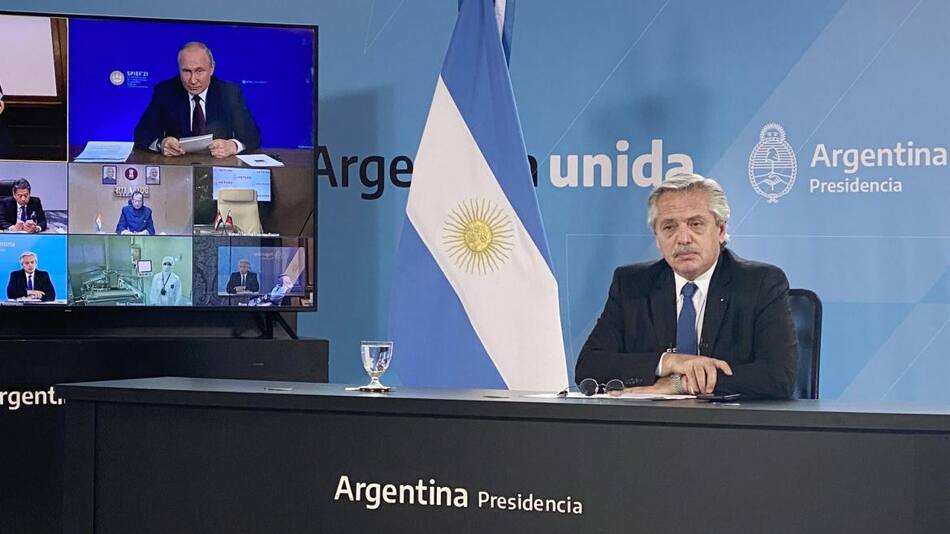 Alberto Fernández y Vladimir Putin, anuncian el inicio de la producción de la vacuna Sputnik V en la Argentina, NA