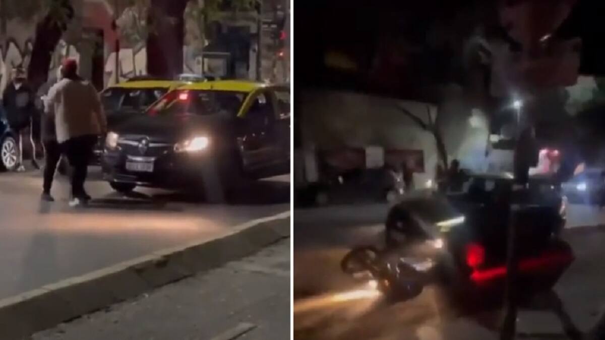 Video impactante: una feroz pelea entre taxistas en Palermo terminó con un motoquero atropellado