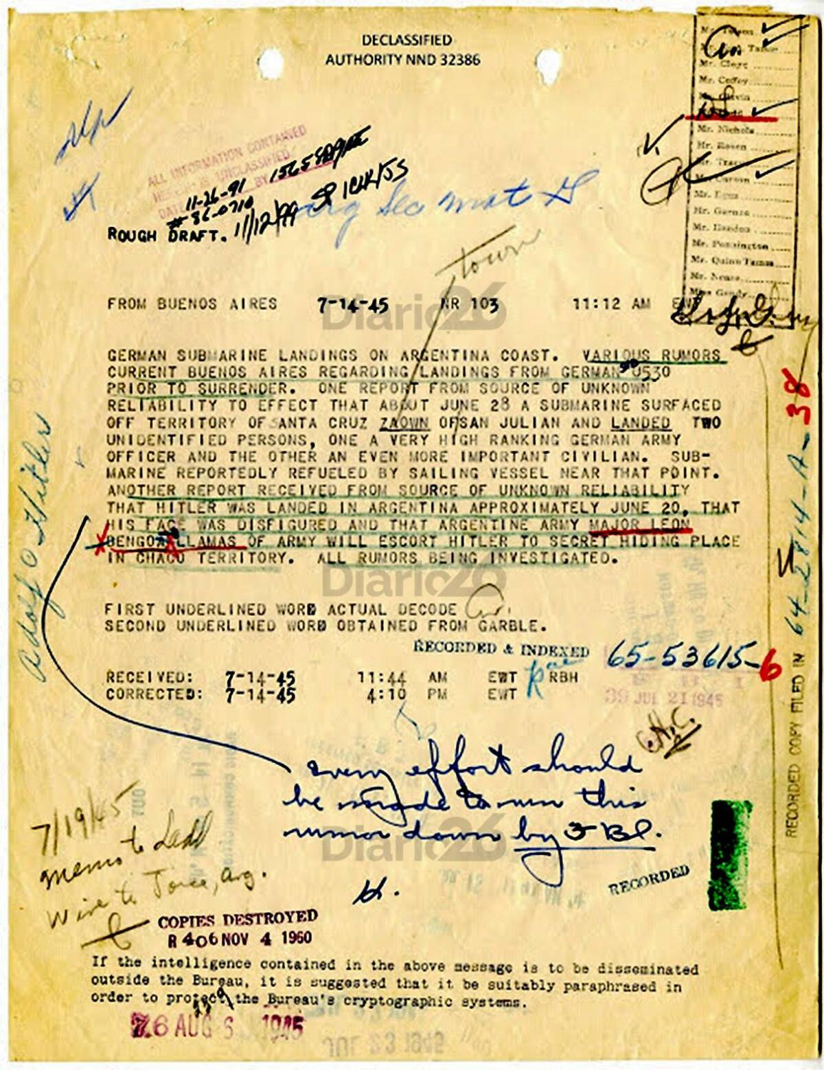 Documento del FBI, Adolf Hitler en Argentina, 14 de julio de 1945, nazis en Argentina, Adolf Hitler y Eva Braun, Diario 26