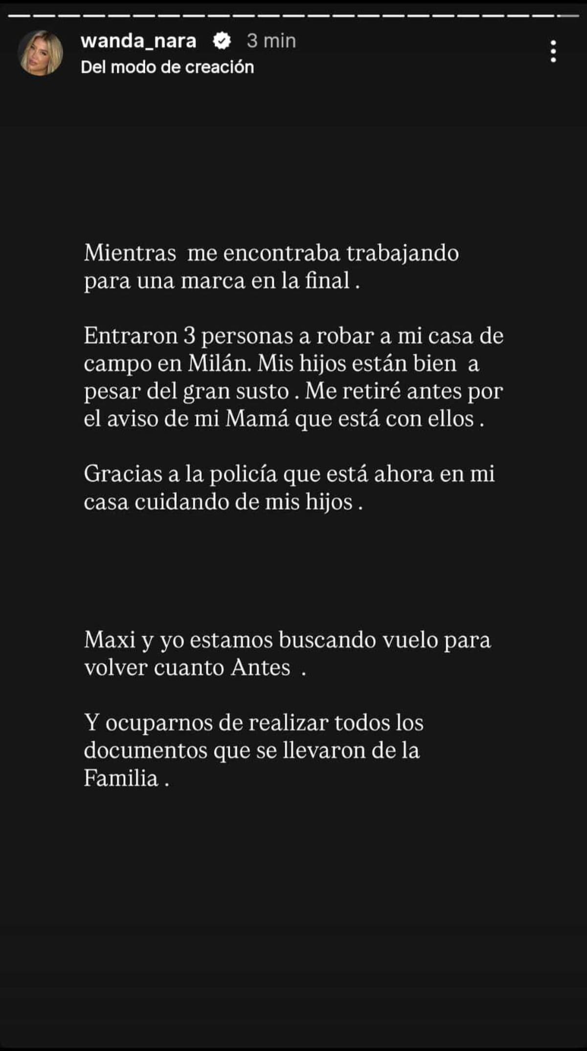 Wanda denunció que le robaron en su casa a Milán