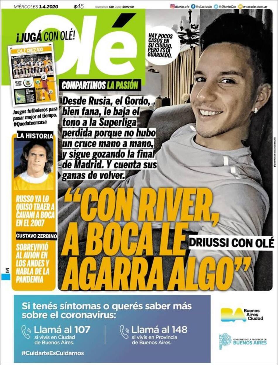 Tapas de diarios, Olé, 1 de abril de 2020