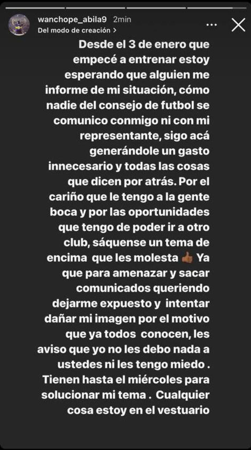 Wanchope, comunicado en Instagram
