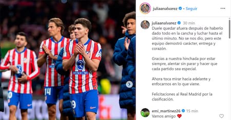 El posteo de Julián Álvarez tras la derrota del Atlético de Madrid. Foto: Instagram @juliaanalvarez