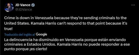 El tuit del candidato a vicepresidente de Donald Trum, JD Vance, sobre Venezuela. Foto: X