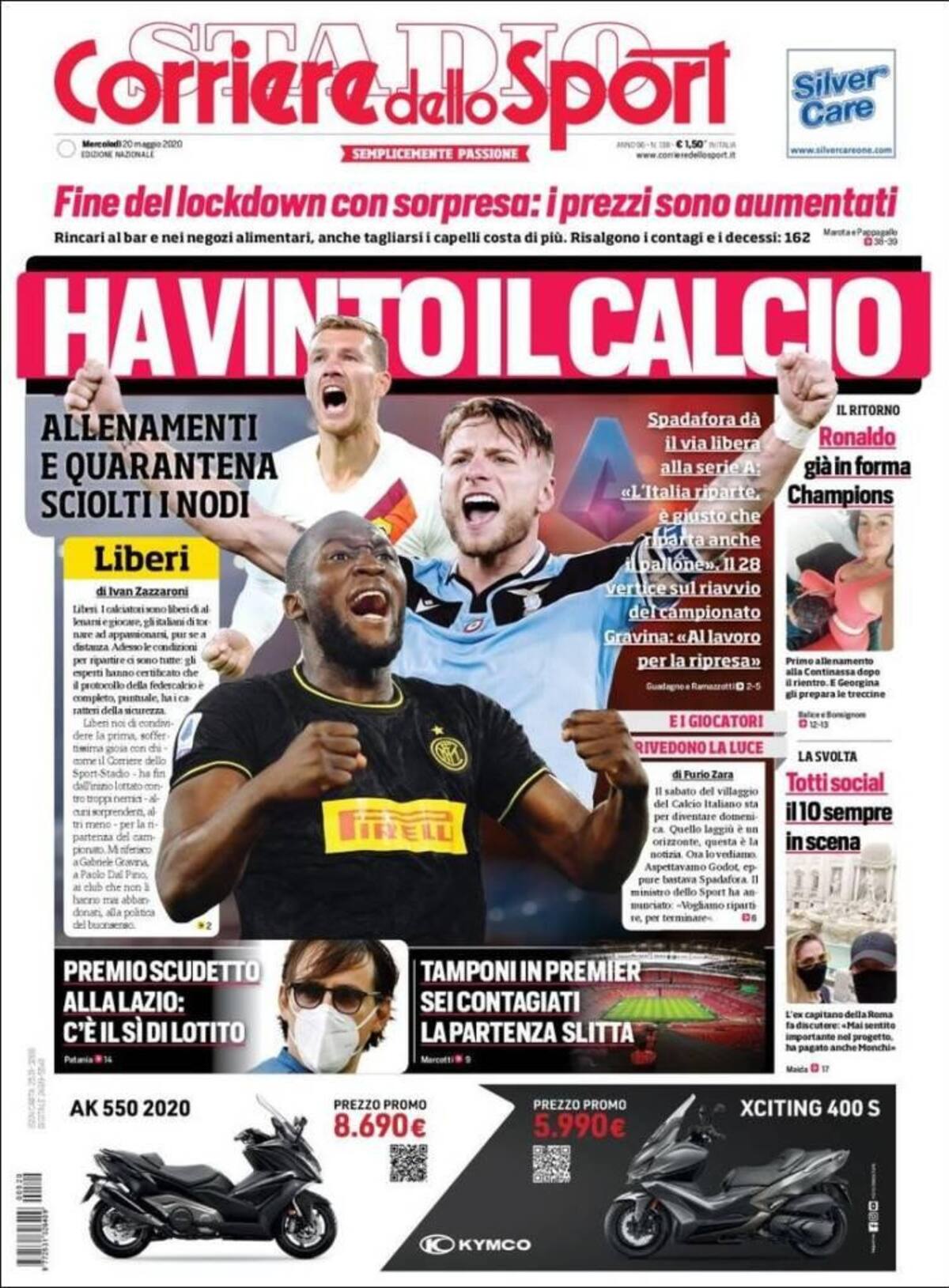 Tapas de diarios, Corriere dello sport, miércoles 20 de mayo de 2020