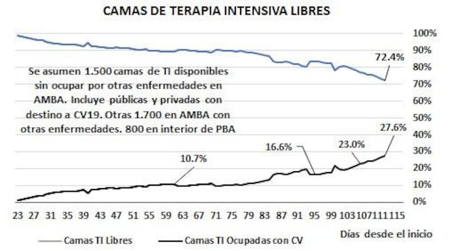 Gráficos sobre impacto de coronavirus en Argentina, camas de terapia intensiva libres