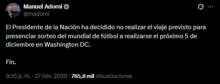 El mensaje de Manuel Adorni sobre la ausencia de Javier Milei en el sorteo del Mundial 2026.