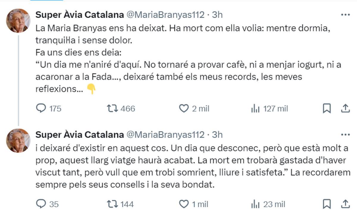 El posteo de la familia de María Branyas. Foto: redes sociales.