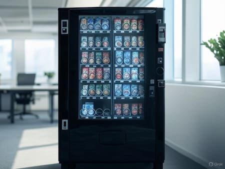 Café; máquina expendedora de café. Foto: Grok.