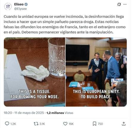 La Presidencia de Francia desmintió la supuesta bolsita de cocaína sobre el escritorio de Emmanuel Macron. Foto: captura