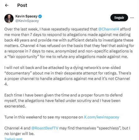 El descargo de Kevin Spacey en X. Foto: Captura de pantalla.