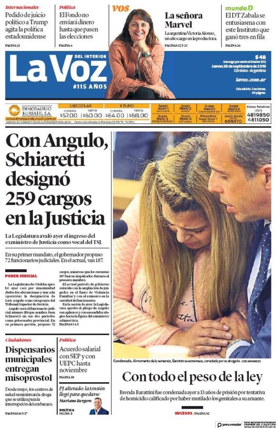 Tapas de diarios, La Voz del Interior, jueves 26-09-19