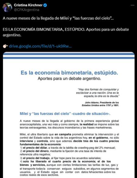 El tuit de Cristina Kirchner.