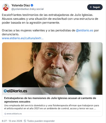 Comentario de Yolanda Díaz sobre Julio Iglesias en Bluesky.