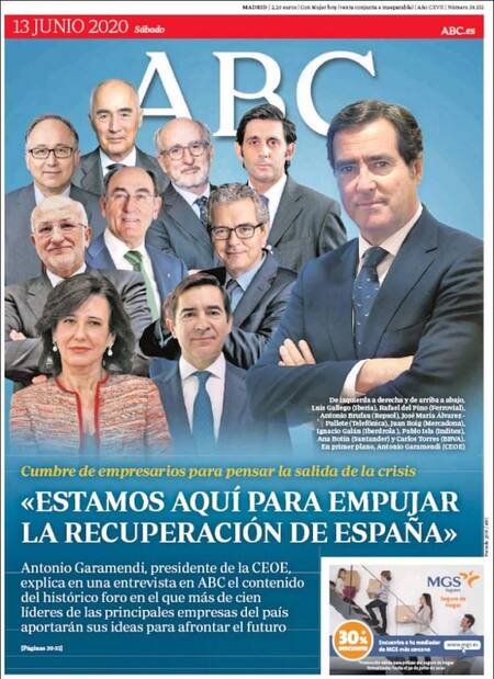 Tapas de diarios, ABC, sábado 13 de junio de 2020