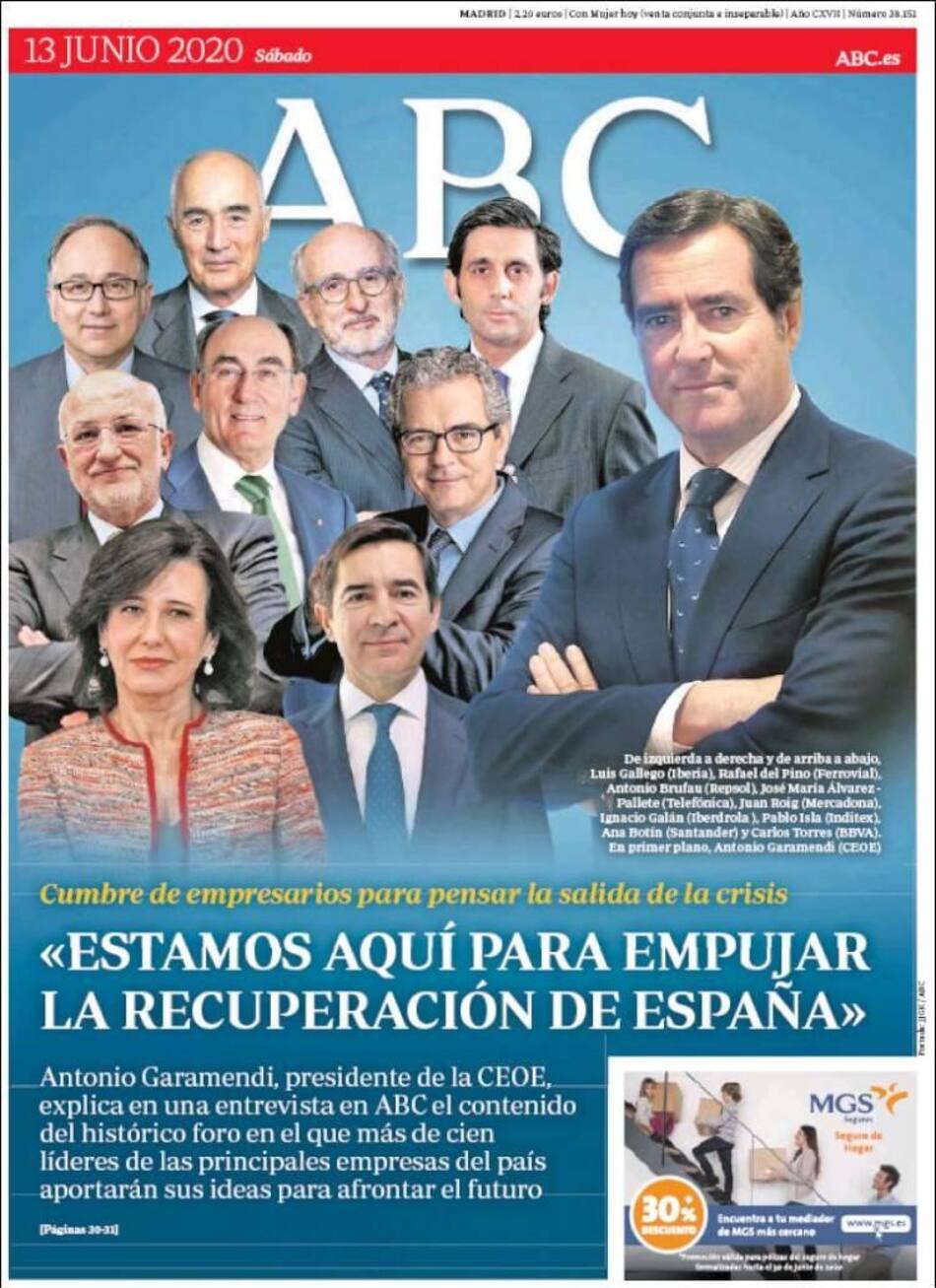 Tapas de diarios, ABC, sábado 13 de junio de 2020