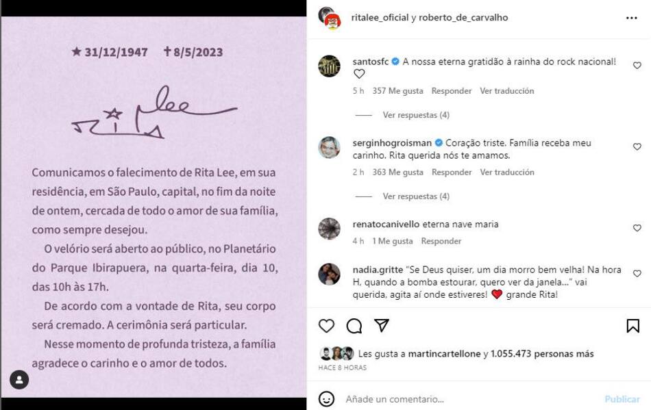 Comunicado de la familia de Rita Lee. Fuente: @ritalee_oficial