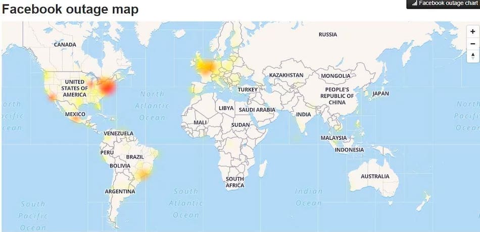 Caída de Facebook , mapa mundial